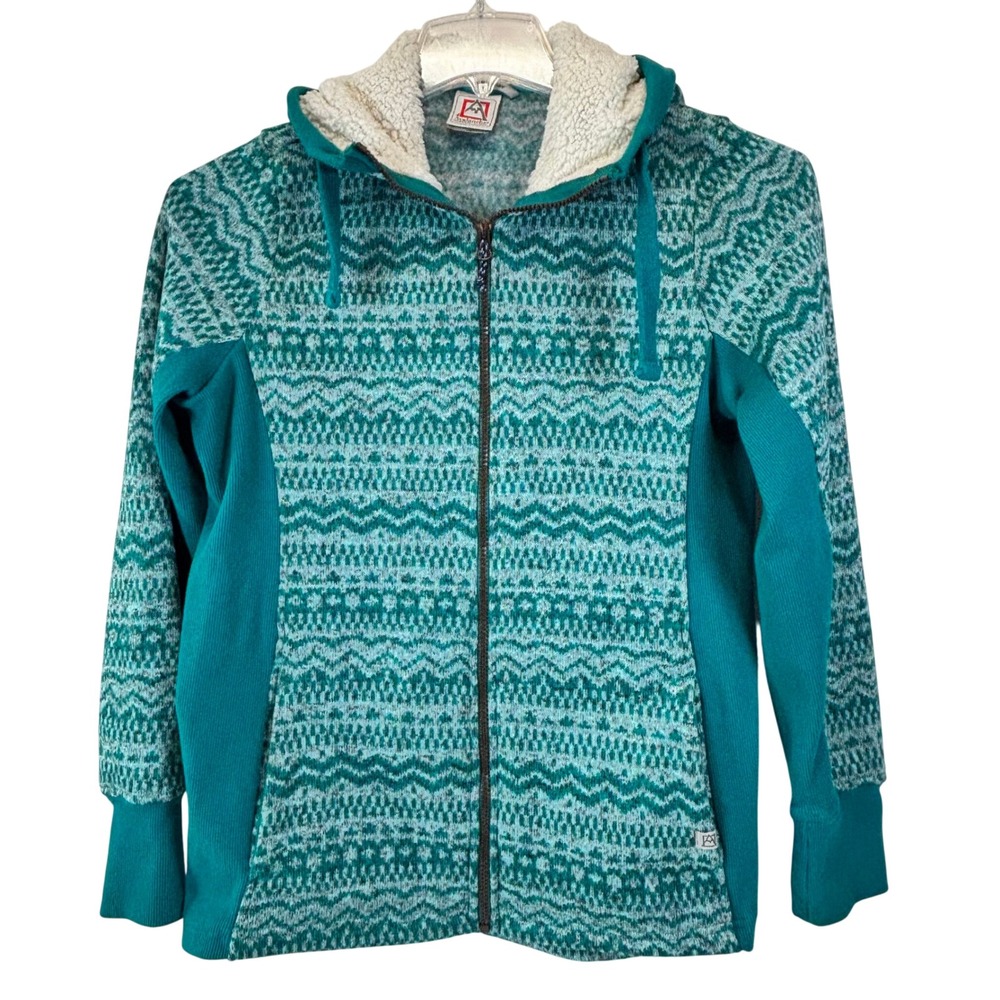Avalanche Full Zip Hoodie Womens Medium Teal Fair Isle Alpine Sherpa Hood EUC